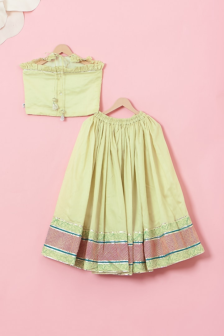 Mint Green Cotton & Handwoven Chanderi Printed Gota Lehenga Set For Girls by Mi Dulce An'ya at Pernia's Pop Up Shop