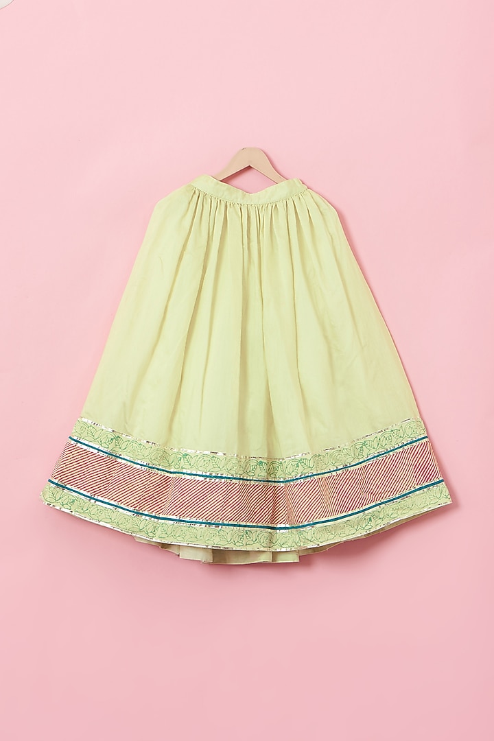 Mint Green Cotton & Handwoven Chanderi Printed Gota Lehenga Set For Girls by Mi Dulce An'ya at Pernia's Pop Up Shop