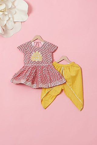 Yellow Cotton & Handwoven Chanderi Dhoti Set For Girls by Mi Dulce An'ya