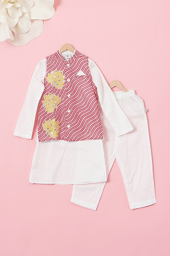 Red Cotton & Handwoven Mirror Embroidered Nehru Jacke Set For Boys by Mi Dulce An'ya