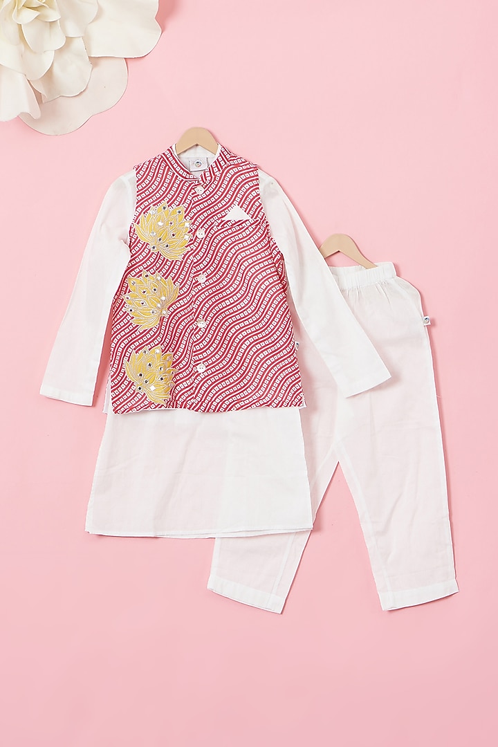 Red Organic Cotton Mirror Embroidered Nehru Jacket Set For Boys by Mi Dulce An'ya at Pernia's Pop Up Shop