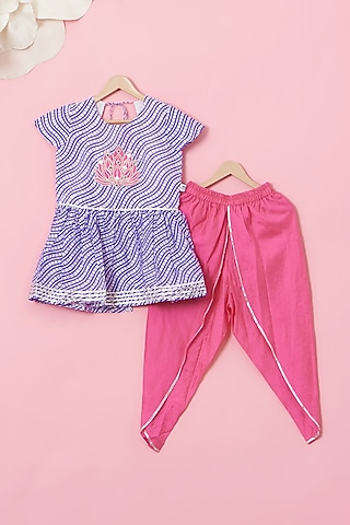 Pink Cotton & Handwoven Dhoti Set For Girls by Mi Dulce An'ya