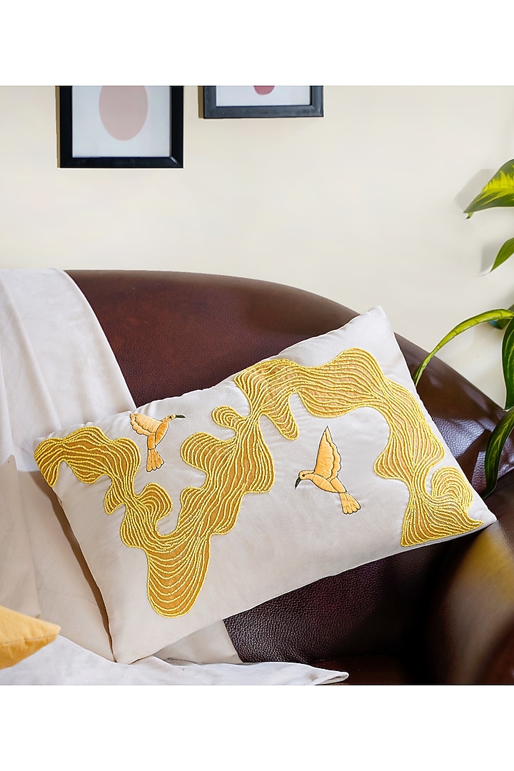 Off-White Velvet Hand Embroidered Cushion Cover by Mid July Home at Pernia's Pop Up Shop