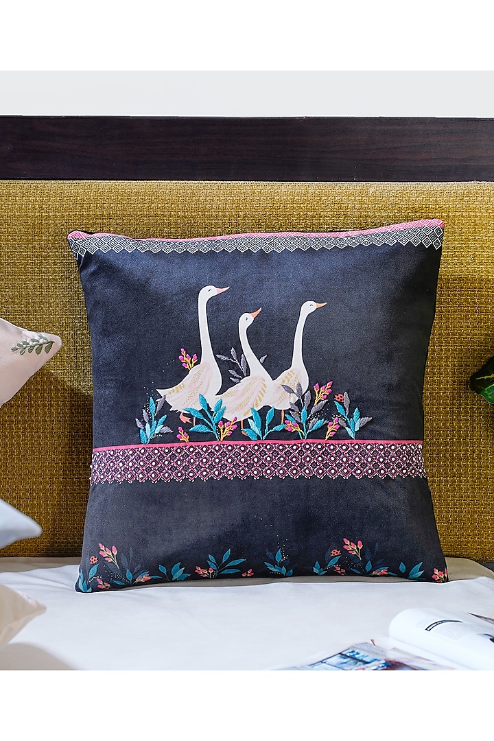 Black Velvet Printed & Hand Embroidered Cushion Cover by Mid July Home