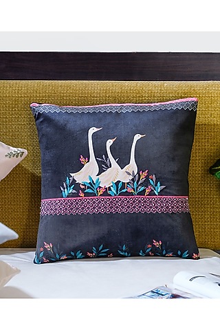 Black Velvet Printed & Hand Embroidered Cushion Cover by Mid July Home