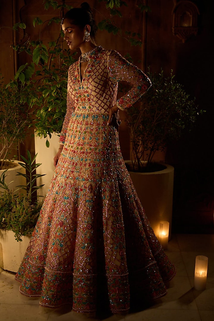 Peach Net Embellished Anarkali Set by Mynah Designs By Reynu Tandon at Pernia's Pop Up Shop