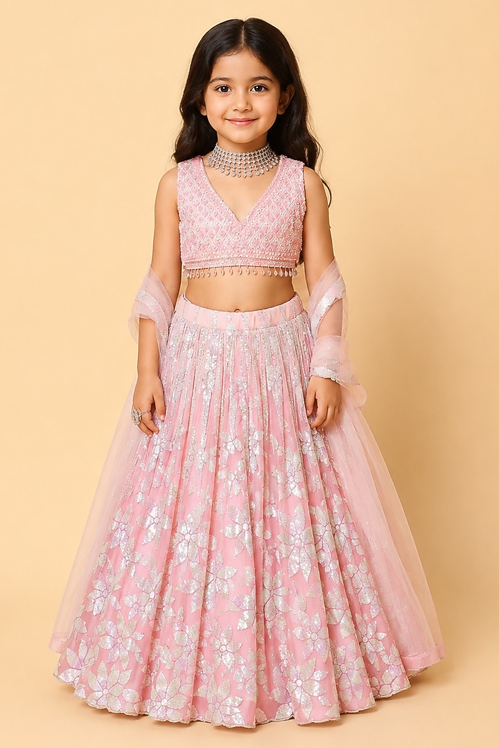 Rose Pink Viscose Georgette Sequins Embroidered Lehenga Set For Girls by MeenaGuranam Kids at Pernia's Pop Up Shop