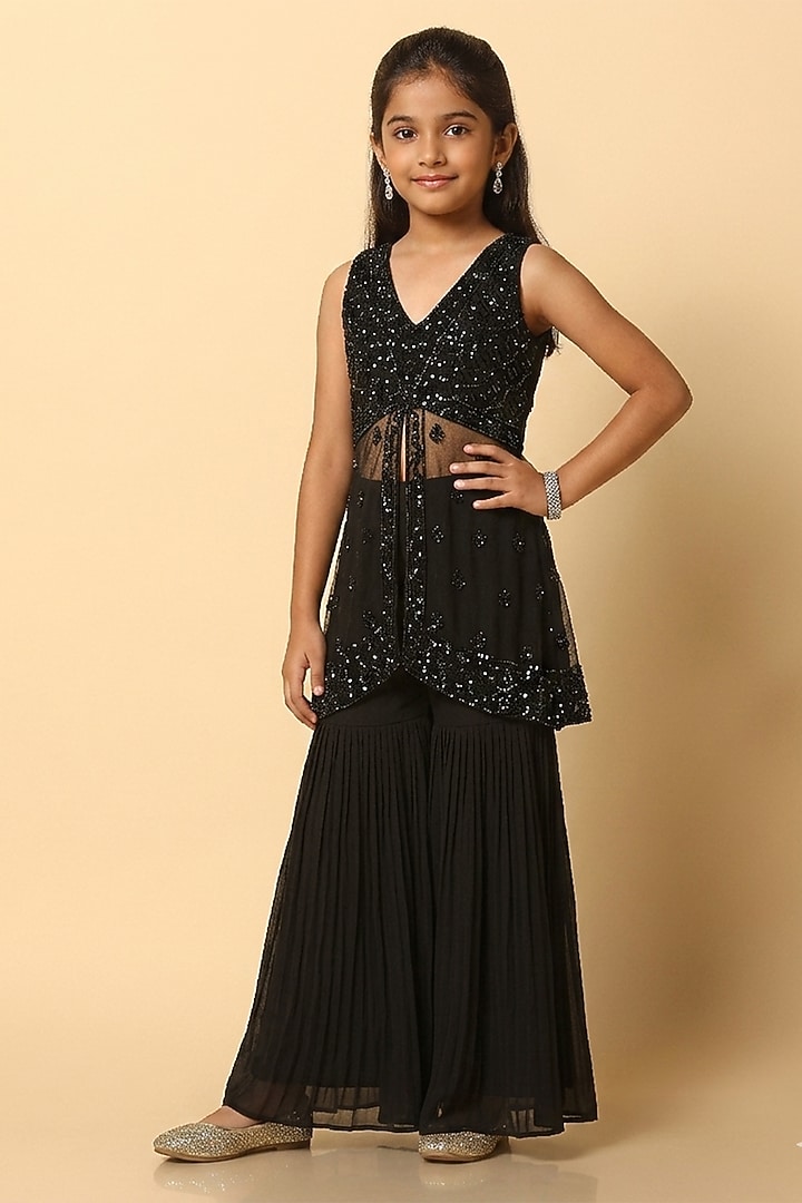Black Viscose Georgette Sequins Work Sharara Set For Girls by MeenaGuranam Kids at Pernia's Pop Up Shop