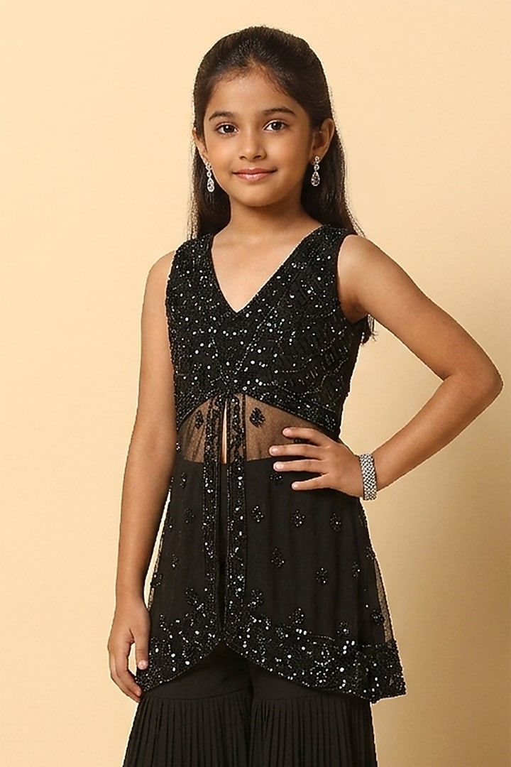 Black Viscose Georgette Sequins Work Sharara Set For Girls by MeenaGuranam Kids at Pernia's Pop Up Shop