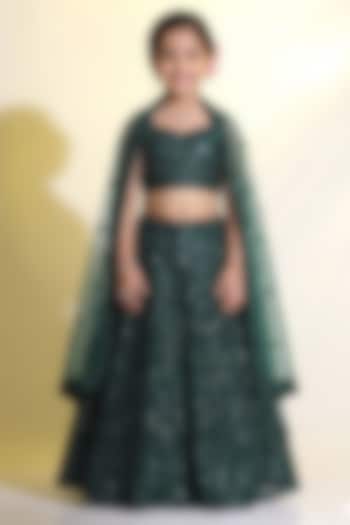 Bottle Green Net Sequins Embroidered Lehenga Set For Girls by MeenaGuranam Kids at Pernia's Pop Up Shop