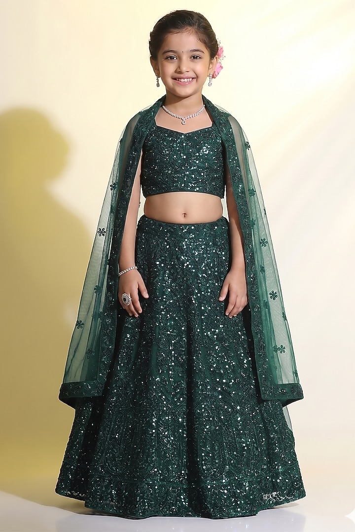 Bottle Green Net Sequins Embroidered Lehenga Set For Girls by MeenaGuranam Kids at Pernia's Pop Up Shop