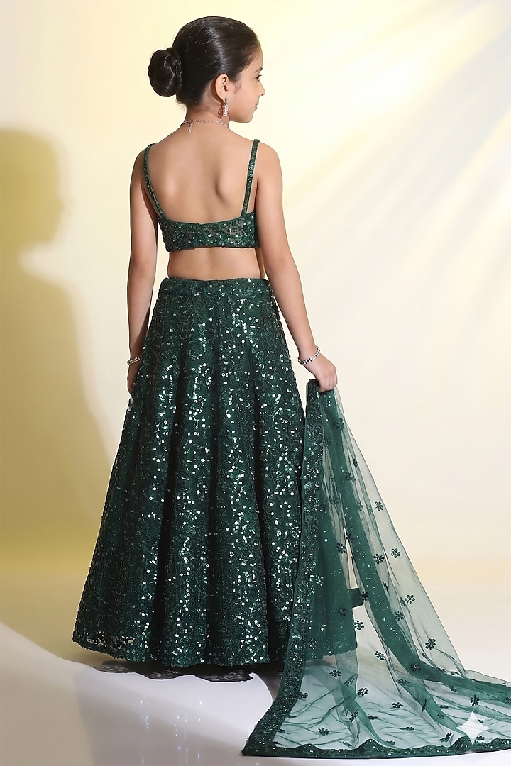 Bottle Green Net Sequins Embroidered Lehenga Set For Girls by MeenaGuranam Kids at Pernia's Pop Up Shop