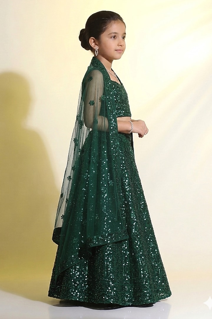 Bottle Green Net Sequins Embroidered Lehenga Set For Girls by MeenaGuranam Kids at Pernia's Pop Up Shop