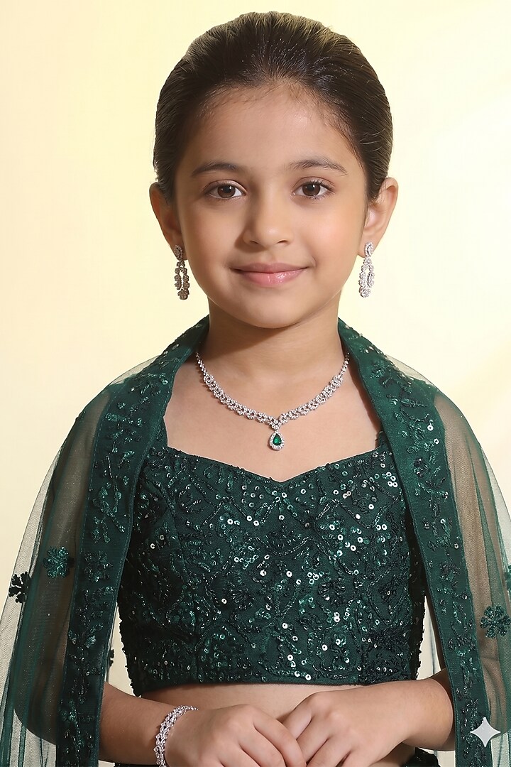 Bottle Green Net Sequins Embroidered Lehenga Set For Girls by MeenaGuranam Kids at Pernia's Pop Up Shop