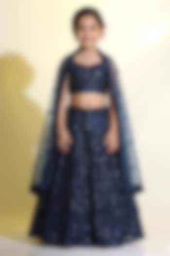 Navy Net Sequins Embroidered Lehenga Set For Girls by MeenaGuranam Kids at Pernia's Pop Up Shop