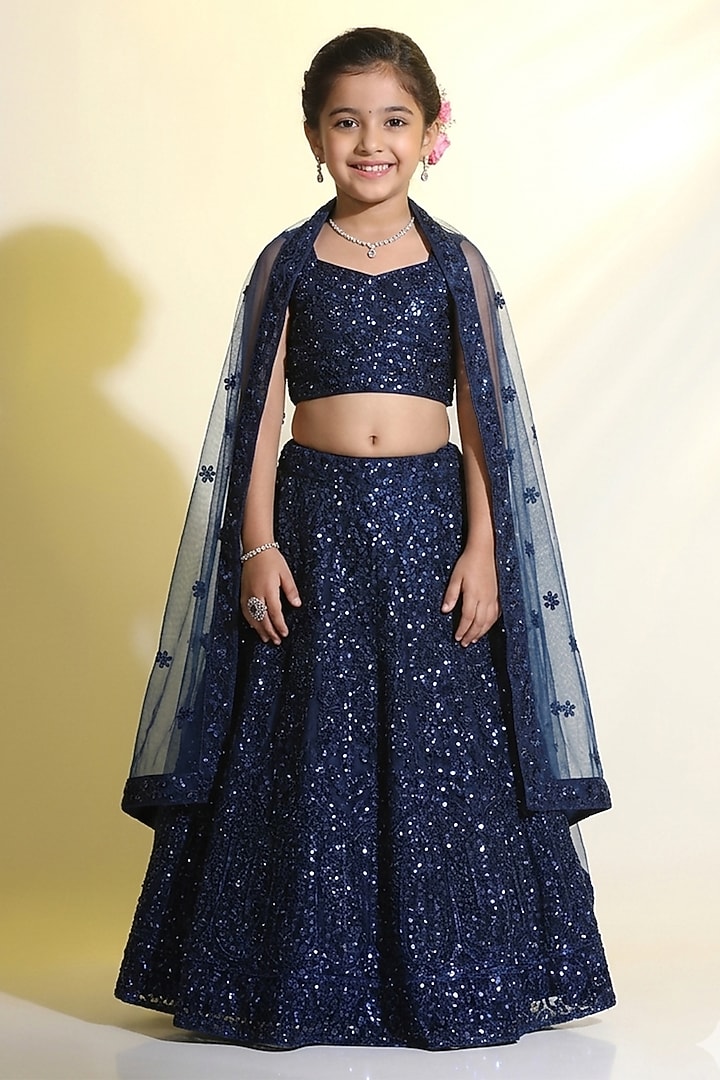 Navy Net Sequins Embroidered Lehenga Set For Girls by MeenaGuranam Kids at Pernia's Pop Up Shop