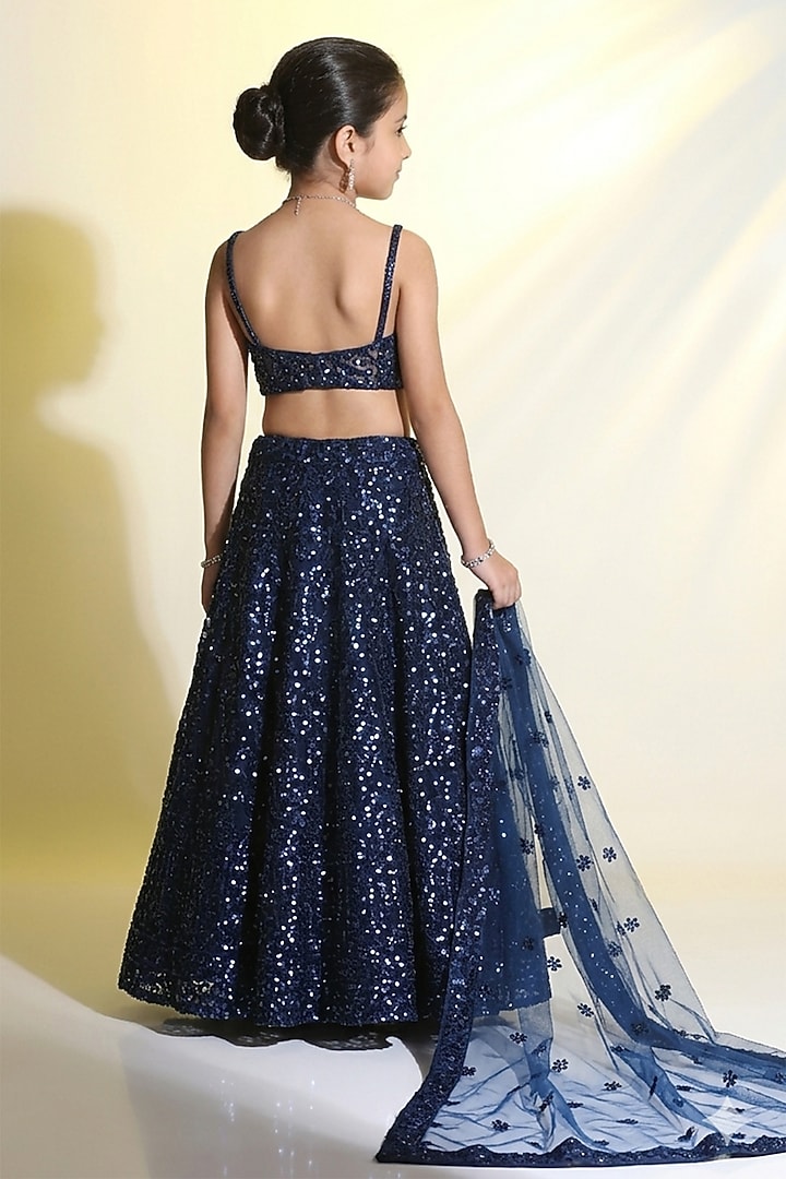 Navy Net Sequins Embroidered Lehenga Set For Girls by MeenaGuranam Kids at Pernia's Pop Up Shop