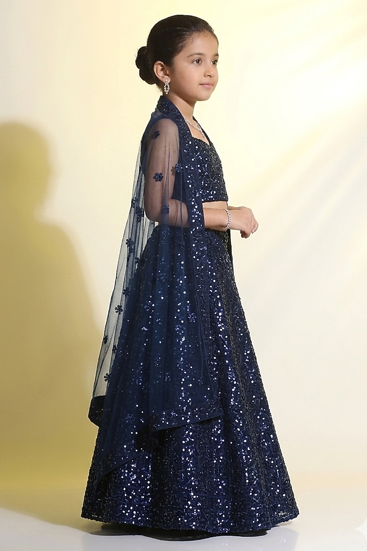 Navy Net Sequins Embroidered Lehenga Set For Girls by MeenaGuranam Kids at Pernia's Pop Up Shop