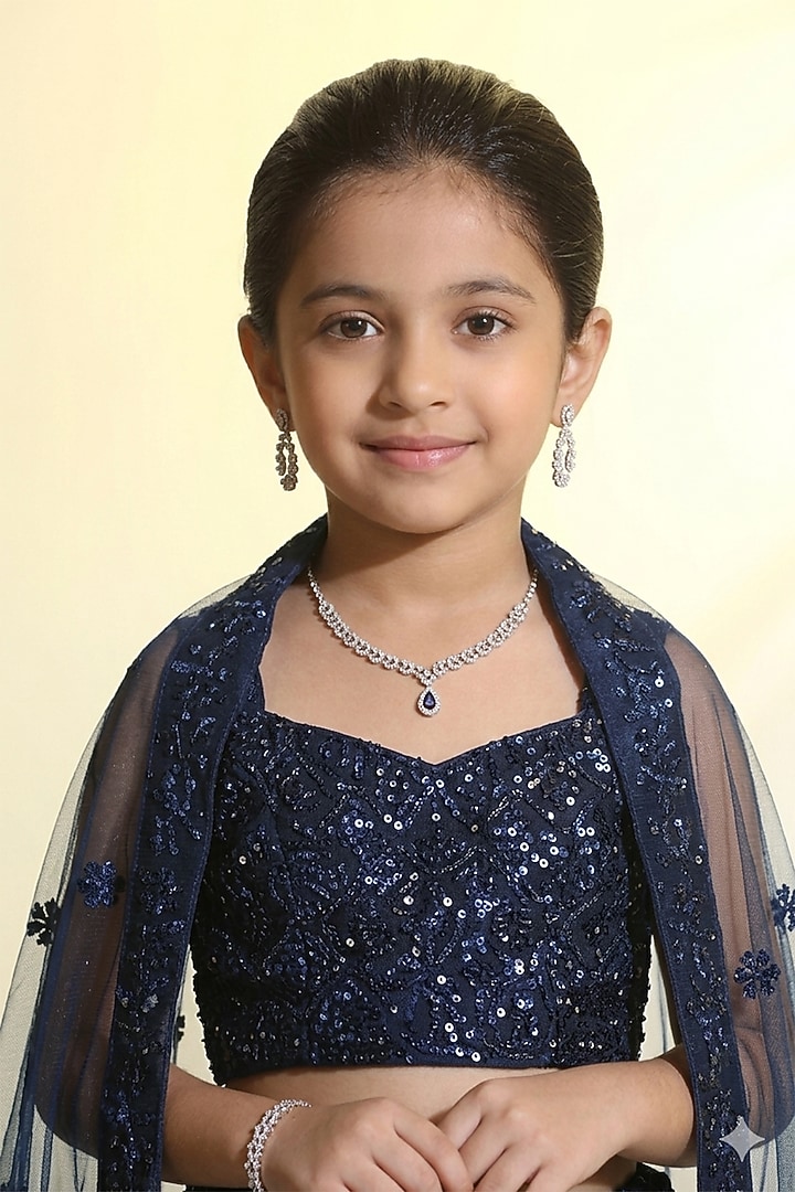 Navy Net Sequins Embroidered Lehenga Set For Girls by MeenaGuranam Kids at Pernia's Pop Up Shop