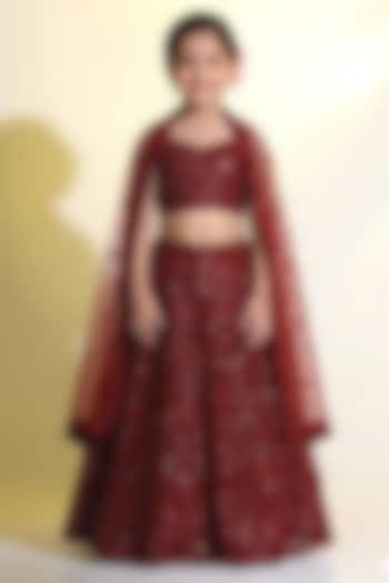 Red Net Sequins Embroidered Lehenga Set For Girls by MeenaGuranam Kids at Pernia's Pop Up Shop