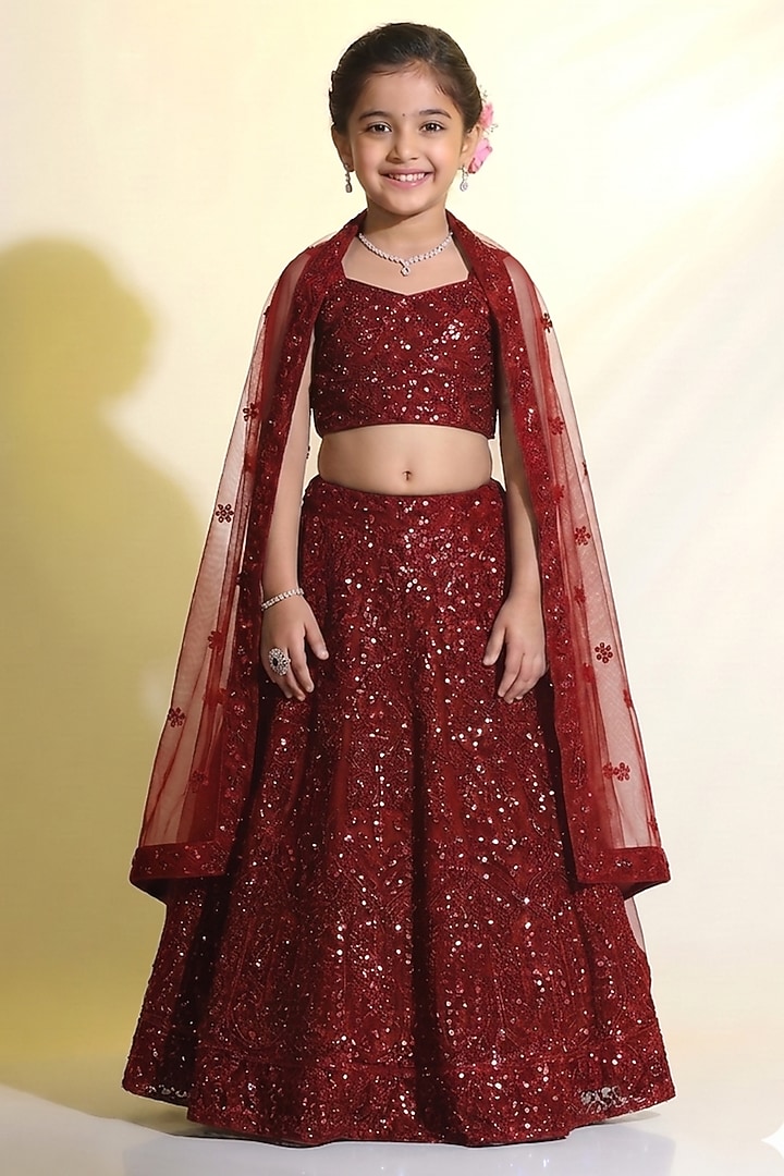 Red Net Sequins Embroidered Lehenga Set For Girls by MeenaGuranam Kids at Pernia's Pop Up Shop