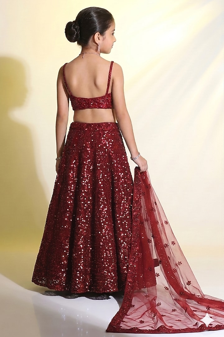 Red Net Sequins Embroidered Lehenga Set For Girls by MeenaGuranam Kids at Pernia's Pop Up Shop