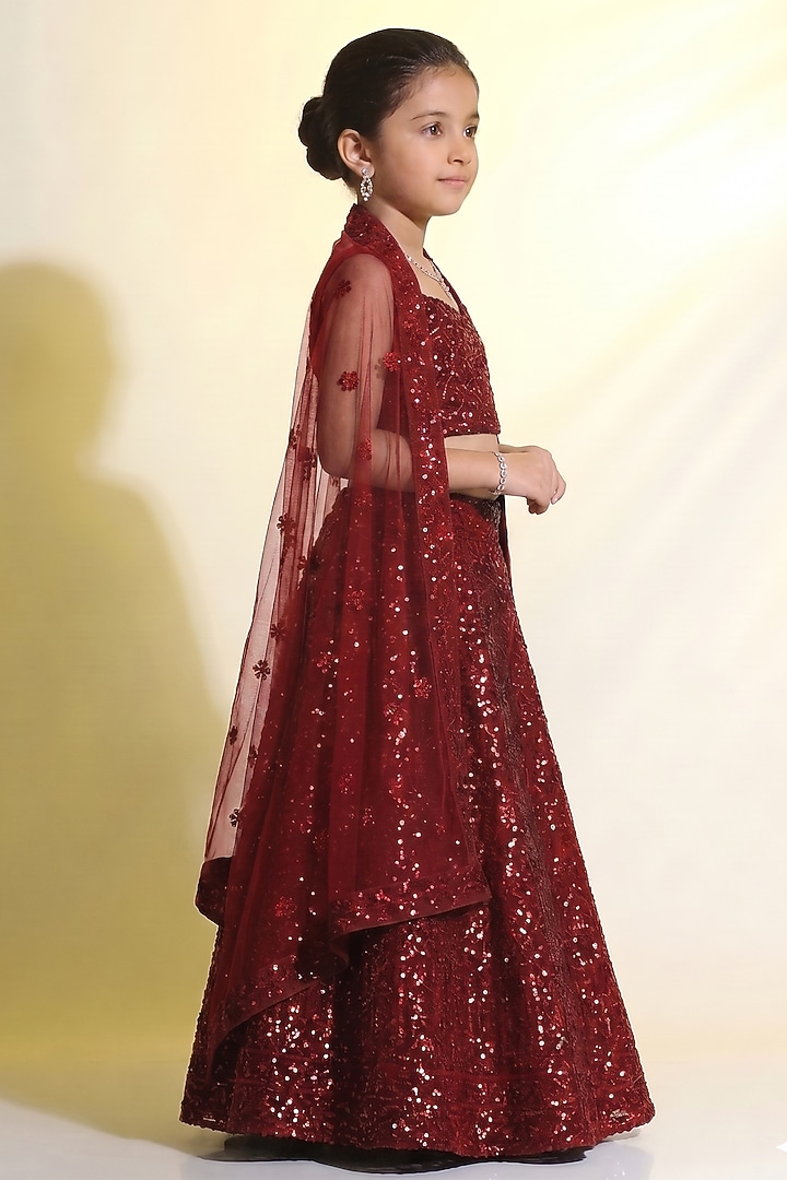 Red Net Sequins Embroidered Lehenga Set For Girls by MeenaGuranam Kids at Pernia's Pop Up Shop