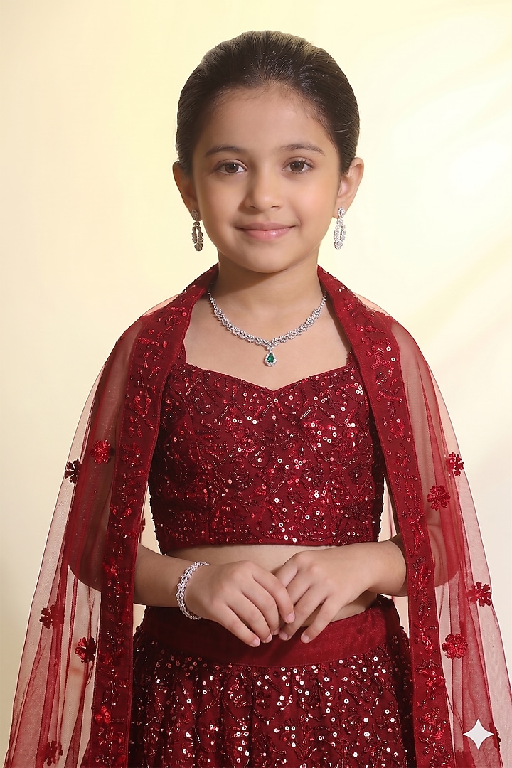 Red Net Sequins Embroidered Lehenga Set For Girls by MeenaGuranam Kids at Pernia's Pop Up Shop