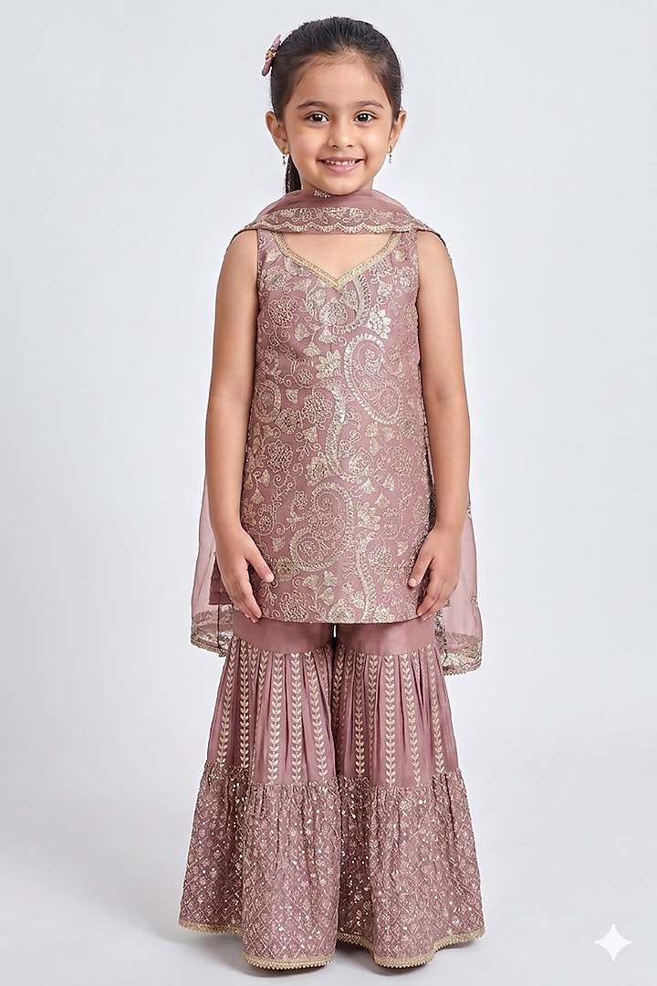 Onion Pink Chinon Chiffon  Sequins Work Sharara Set For Girls by MeenaGuranam Kids at Pernia's Pop Up Shop