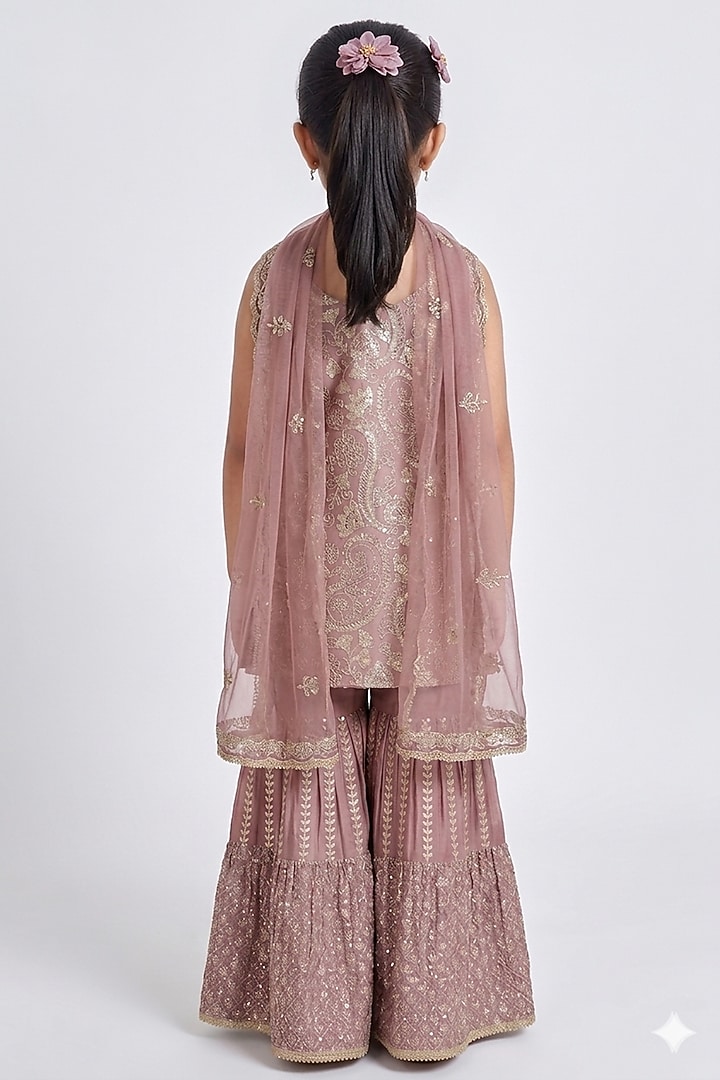 Onion Pink Chinon Chiffon Sequins Work Sharara Set For Girls by MeenaGuranam Kids at Pernia's Pop Up Shop