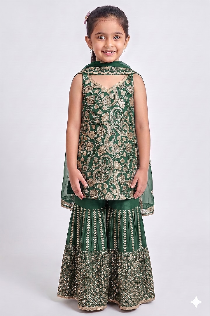 Green Chinon Chiffon Sequins Work Sharara Set For Girls by MeenaGuranam Kids at Pernia's Pop Up Shop
