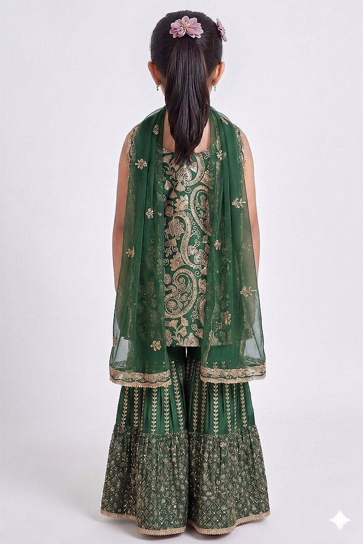 Green Chinon Chiffon Sequins Work Sharara Set For Girls by MeenaGuranam Kids at Pernia's Pop Up Shop