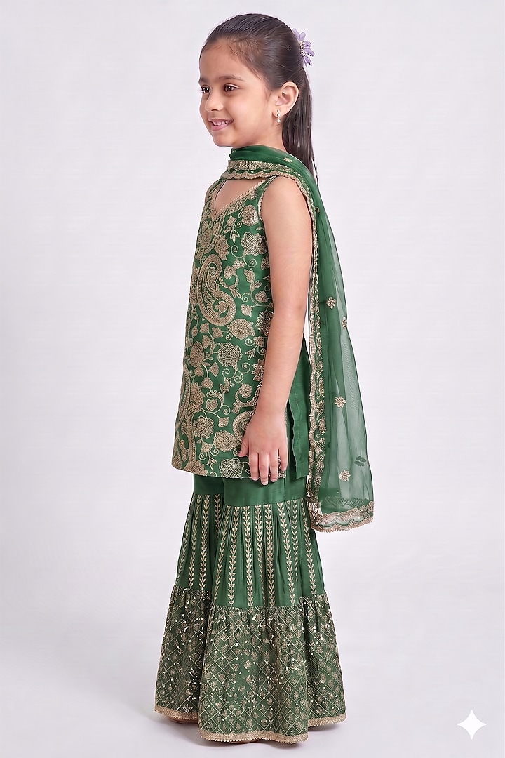 Green Chinon Chiffon Sequins Work Sharara Set For Girls by MeenaGuranam Kids at Pernia's Pop Up Shop