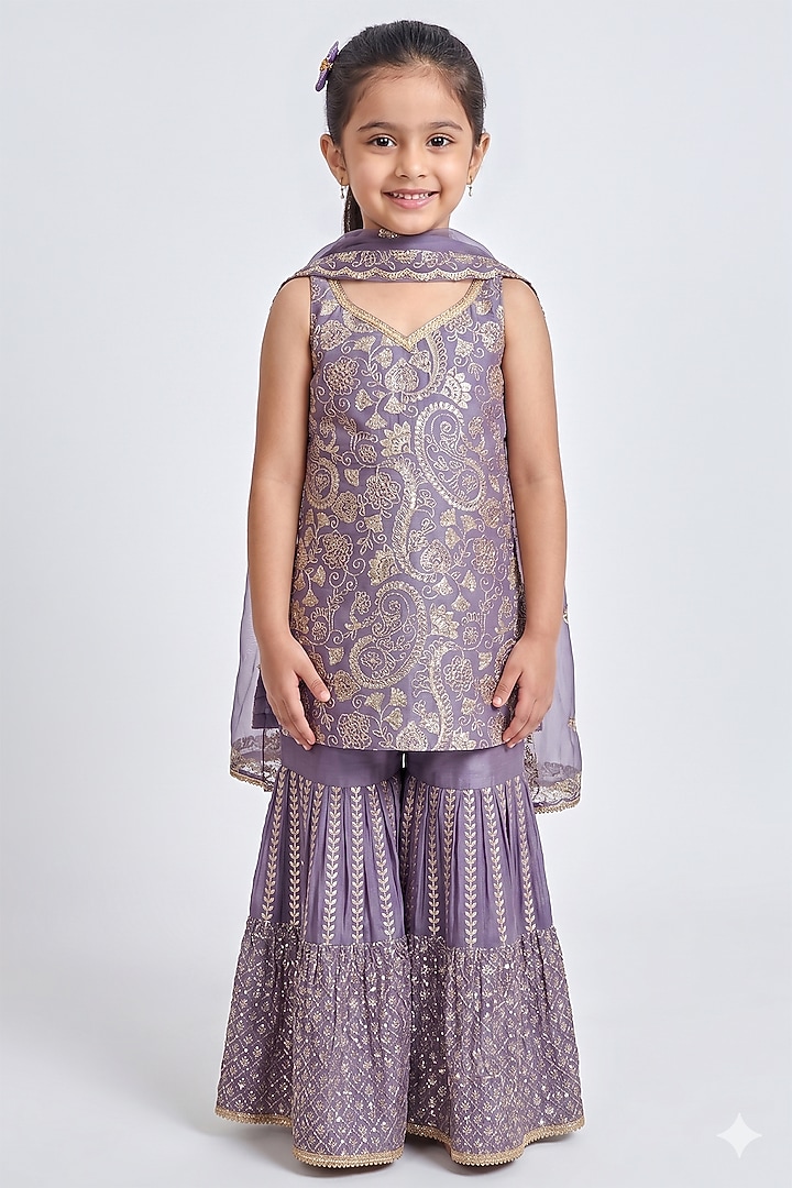 Mauve Chinon Chiffon Sequins Work Sharara Set For Girls by MeenaGuranam Kids at Pernia's Pop Up Shop