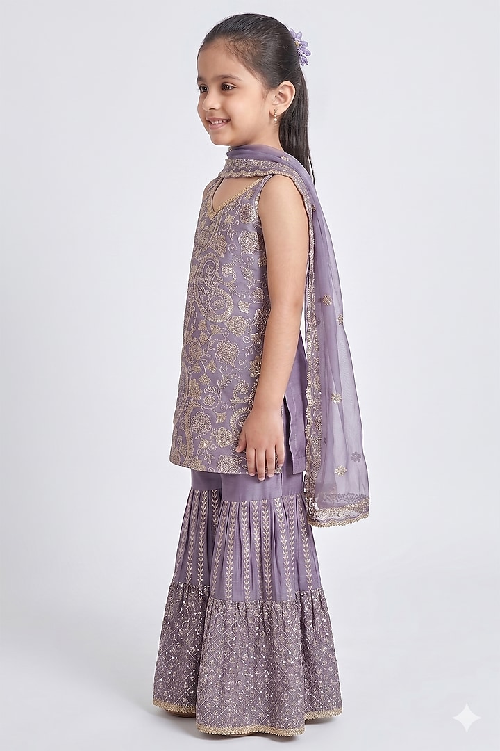 Mauve Chinon Chiffon Sequins Work Sharara Set For Girls by MeenaGuranam Kids at Pernia's Pop Up Shop
