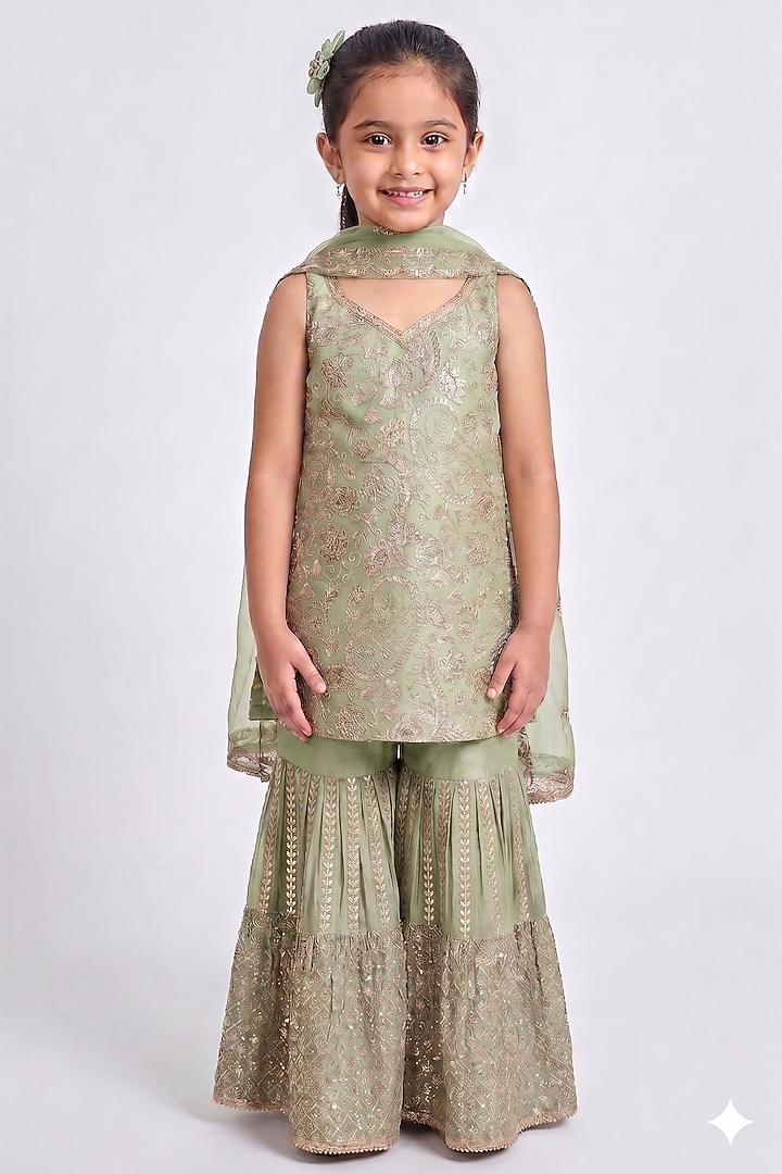 Pista Green Chinon Chiffon Sequins Embroidered Sharara Set For Girls by MeenaGuranam Kids at Pernia's Pop Up Shop