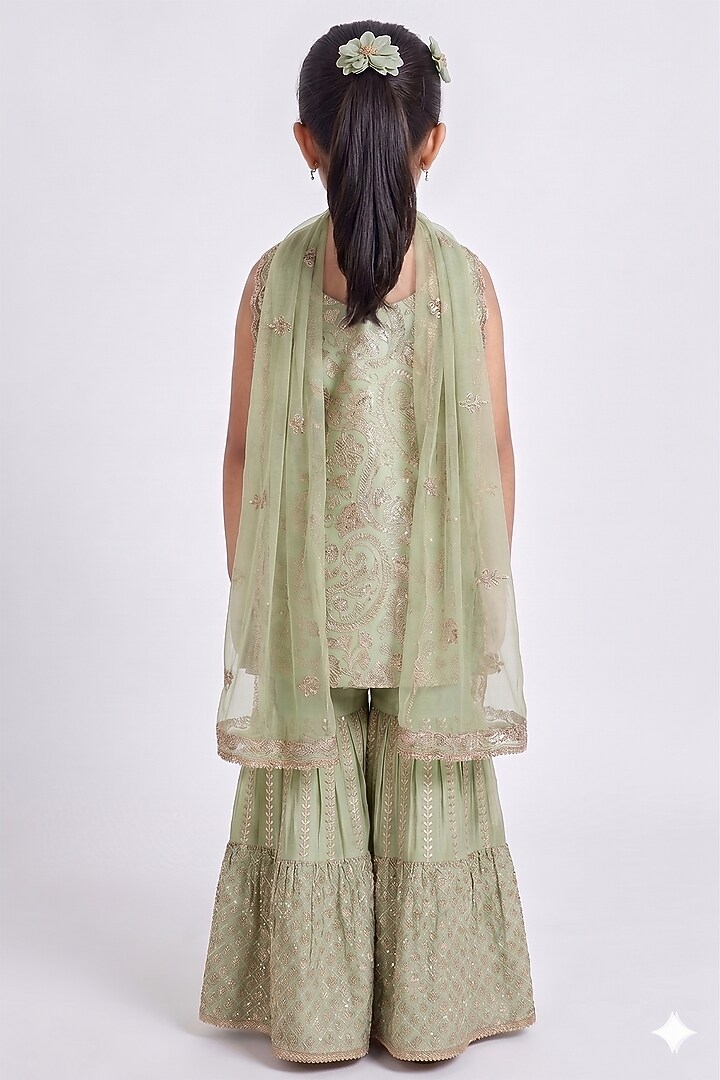 Pista Green Chinon Chiffon Sequins Embroidered Sharara Set For Girls by MeenaGuranam Kids at Pernia's Pop Up Shop