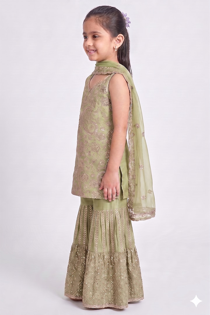 Pista Green Chinon Chiffon Sequins Embroidered Sharara Set For Girls by MeenaGuranam Kids at Pernia's Pop Up Shop