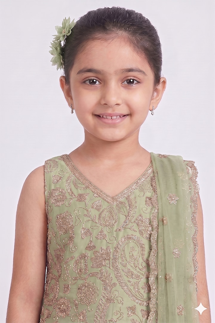 Pista Green Chinon Chiffon Sequins Embroidered Sharara Set For Girls by MeenaGuranam Kids at Pernia's Pop Up Shop