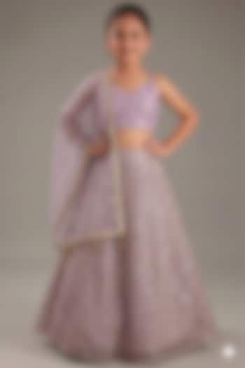 Mauve Net Sequins Embroidered Lehenga Set For Girls by MeenaGuranam Kids at Pernia's Pop Up Shop