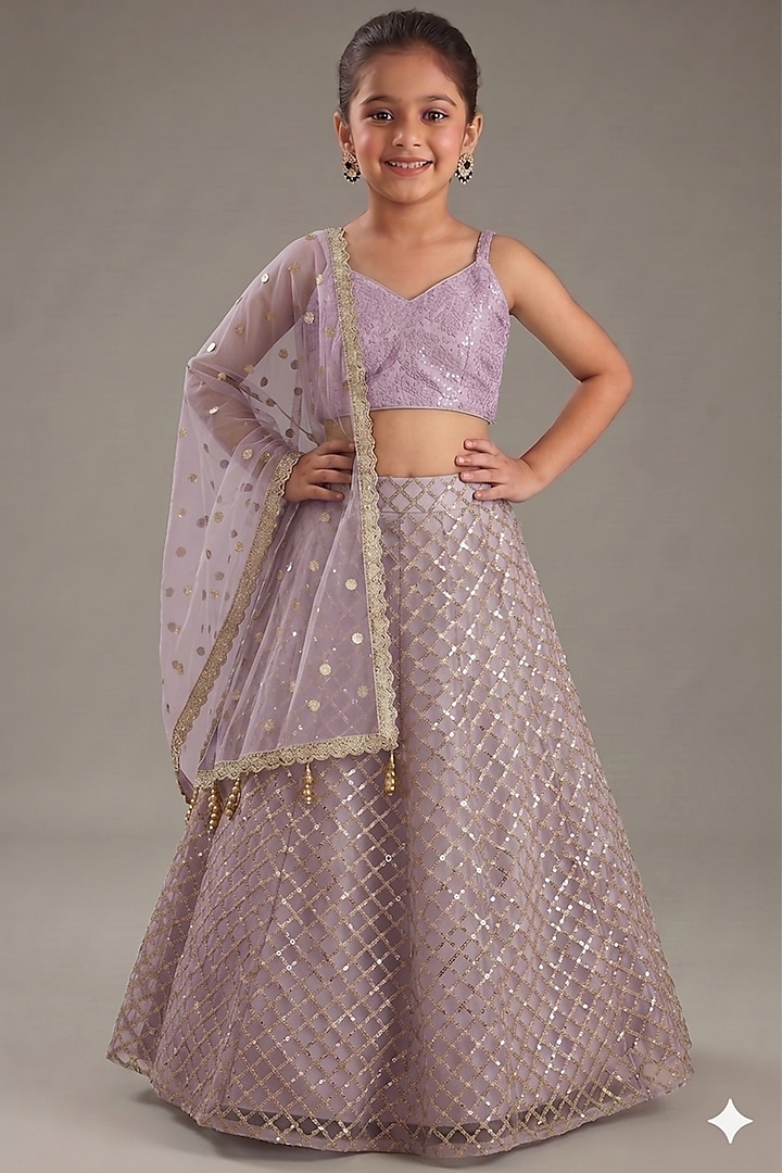Mauve Net Sequins Embroidered Lehenga Set For Girls by MeenaGuranam Kids at Pernia's Pop Up Shop