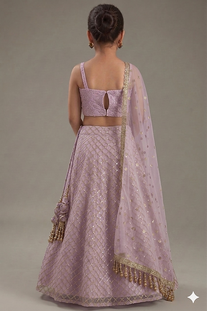 Mauve Net Sequins Embroidered Lehenga Set For Girls by MeenaGuranam Kids at Pernia's Pop Up Shop