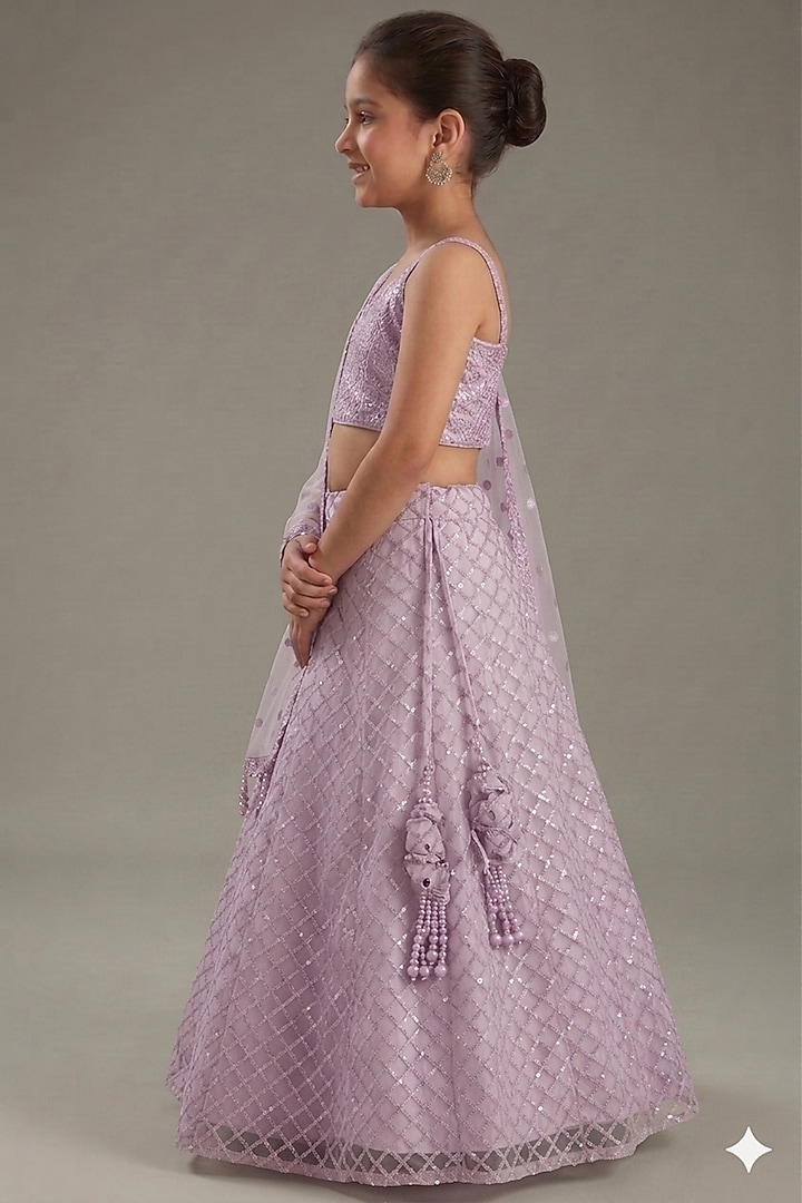 Mauve Net Sequins Embroidered Lehenga Set For Girls by MeenaGuranam Kids at Pernia's Pop Up Shop