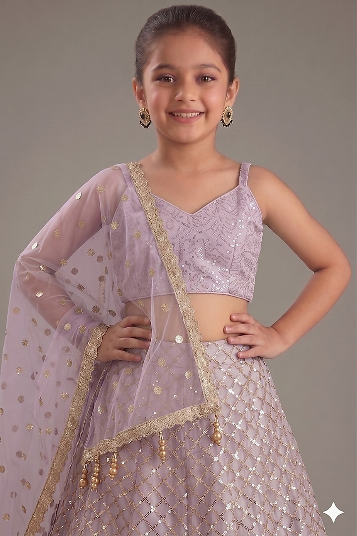 Mauve Net Sequins Embroidered Lehenga Set For Girls by MeenaGuranam Kids at Pernia's Pop Up Shop