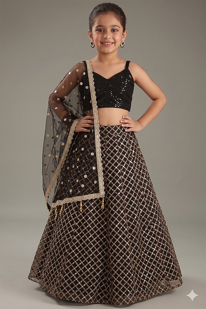 Black Net Sequins Embroidered Lehenga Set For Girls by MeenaGuranam Kids at Pernia's Pop Up Shop