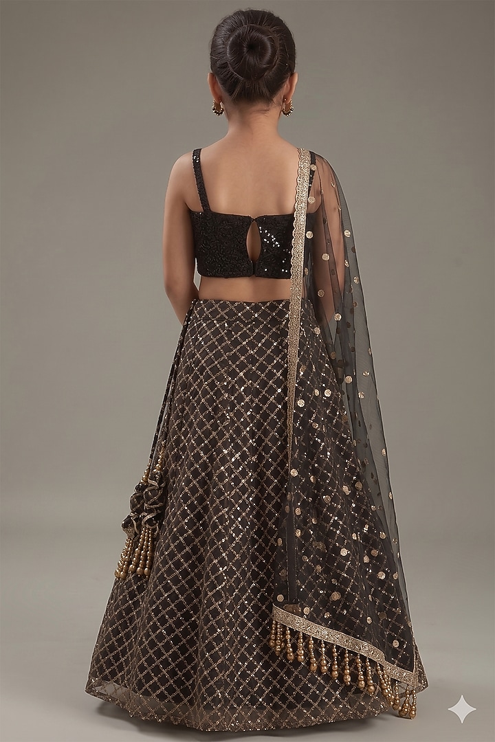 Black Net Sequins Embroidered Lehenga Set For Girls by MeenaGuranam Kids at Pernia's Pop Up Shop