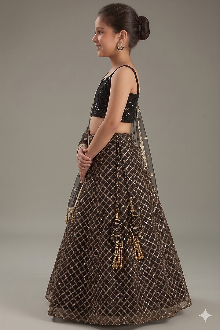 Black Net Sequins Embroidered Lehenga Set For Girls by MeenaGuranam Kids at Pernia's Pop Up Shop