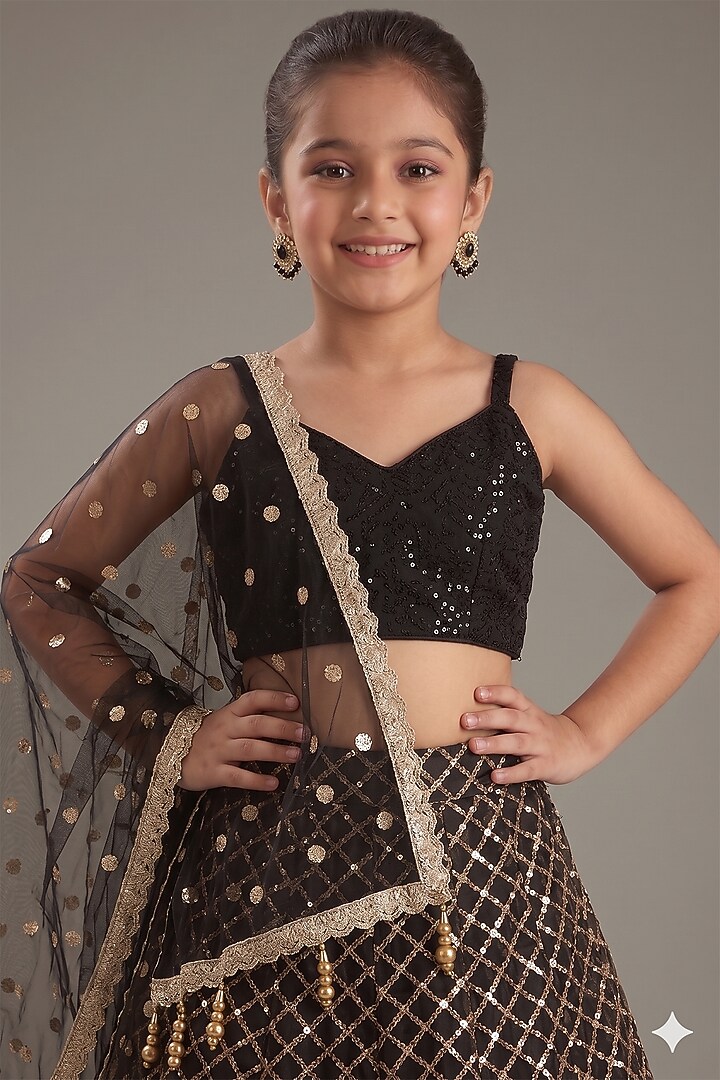 Black Net Sequins Embroidered Lehenga Set For Girls by MeenaGuranam Kids at Pernia's Pop Up Shop
