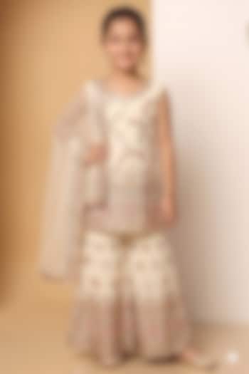Ivory Georgette Sequins Embroidered Sharara Set For Girls by MeenaGuranam Kids at Pernia's Pop Up Shop