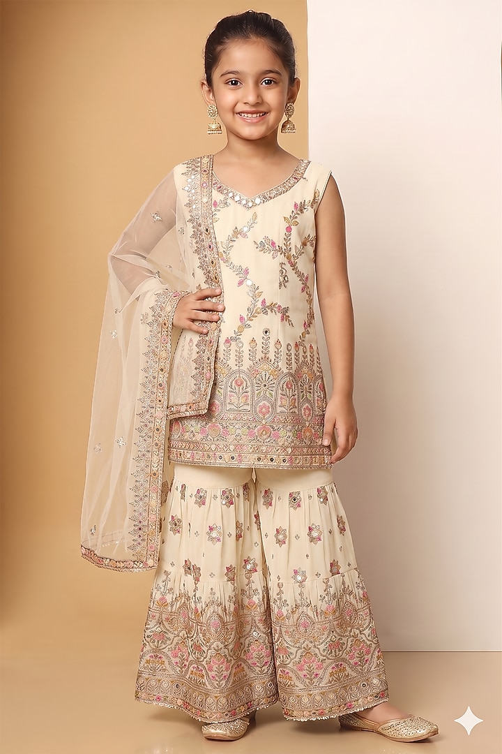 Ivory Georgette Sequins Embroidered Sharara Set For Girls by MeenaGuranam Kids at Pernia's Pop Up Shop